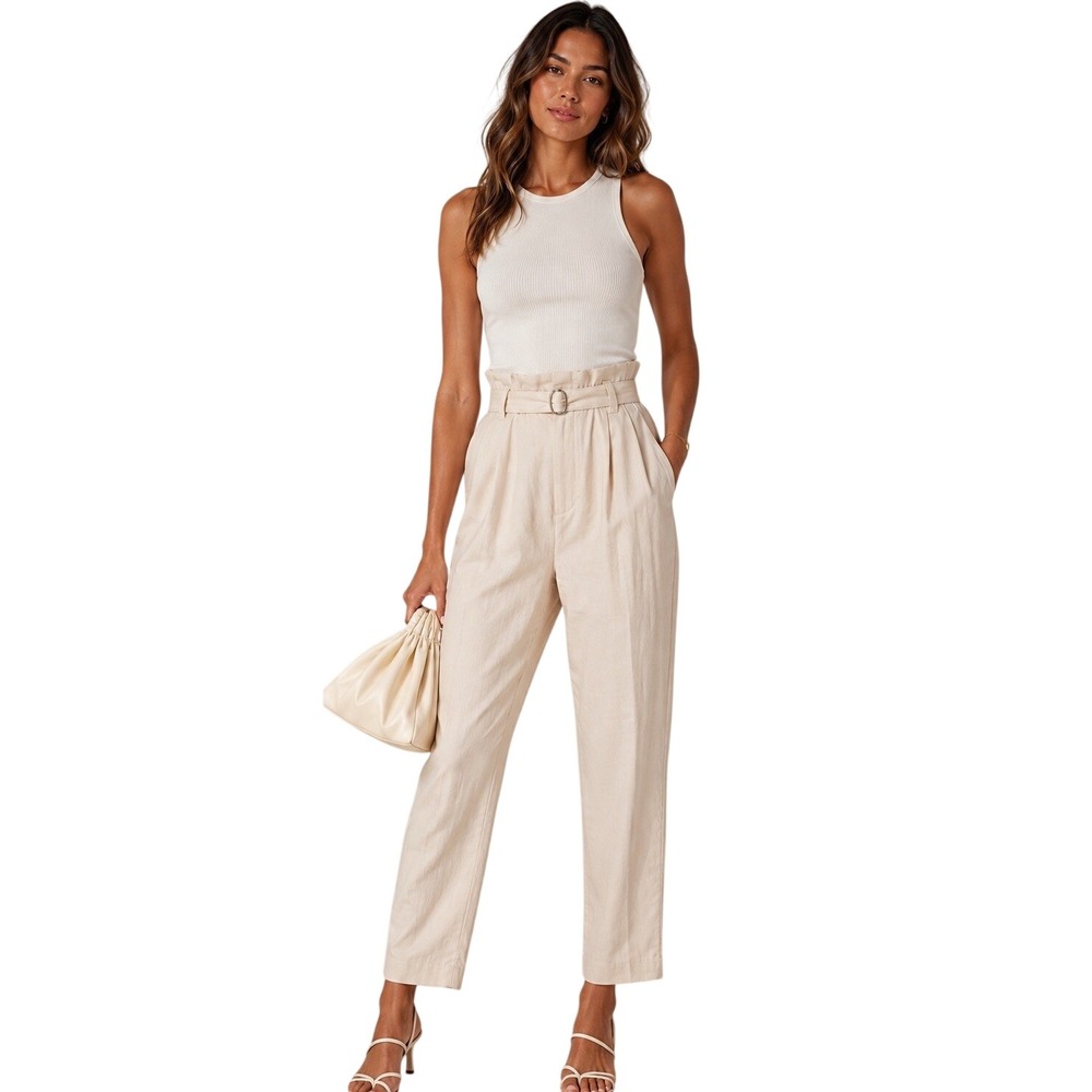 IRO Margate Cream Linen Blend High Waist Belted Pants Size FR 36 US 4